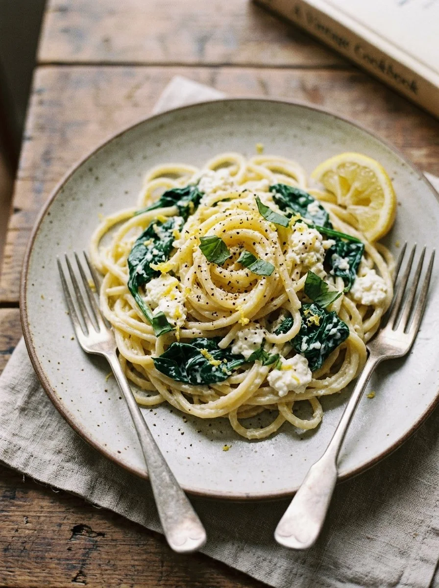 Delicious lemon ricotta pasta with spinach served in a bowl.