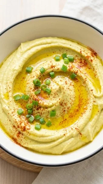 Bowl of Lemony Garlic Scape Hummus with garnishes and fresh vegetables