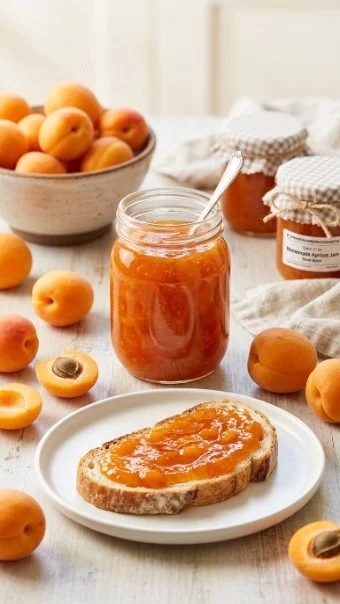 Jar of low sugar apricot jam with fresh apricots and a spoon