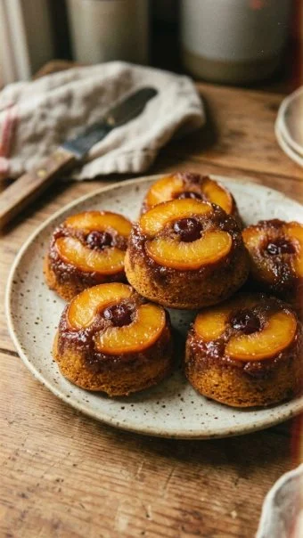 Delicious mini peach upside down cakes topped with caramelized peaches