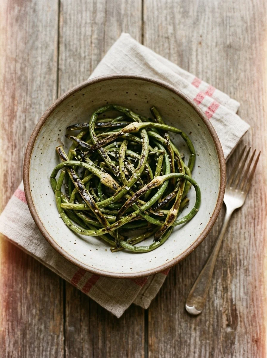 Oven-roasted garlic scapes ready to serve, showcasing their vibrant green color.