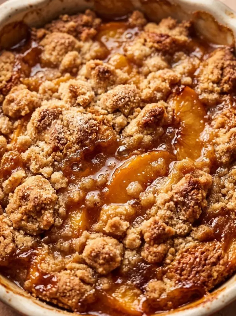 Delicious Paula Deen Peach Cobbler served warm with ice cream on top.