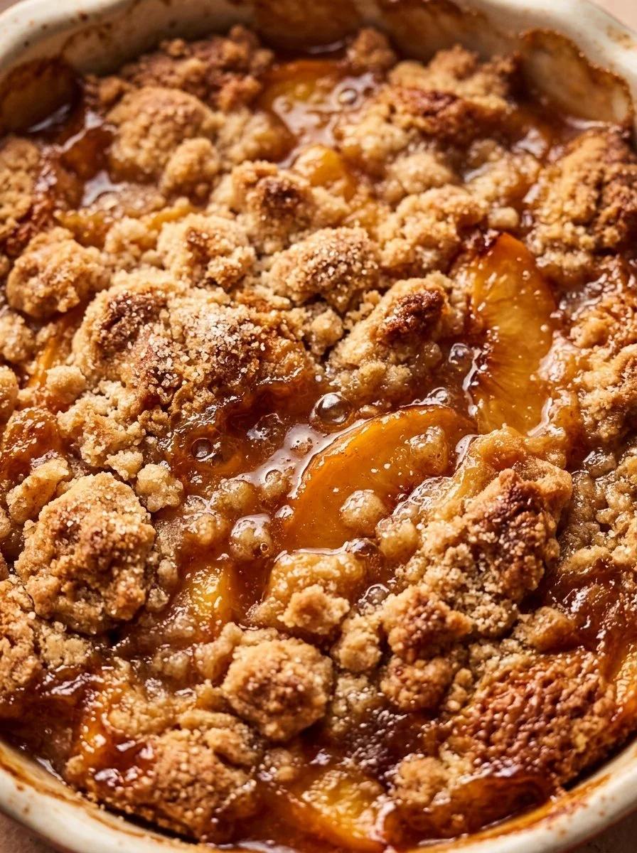 Delicious Paula Deen Peach Cobbler served warm with ice cream on top.