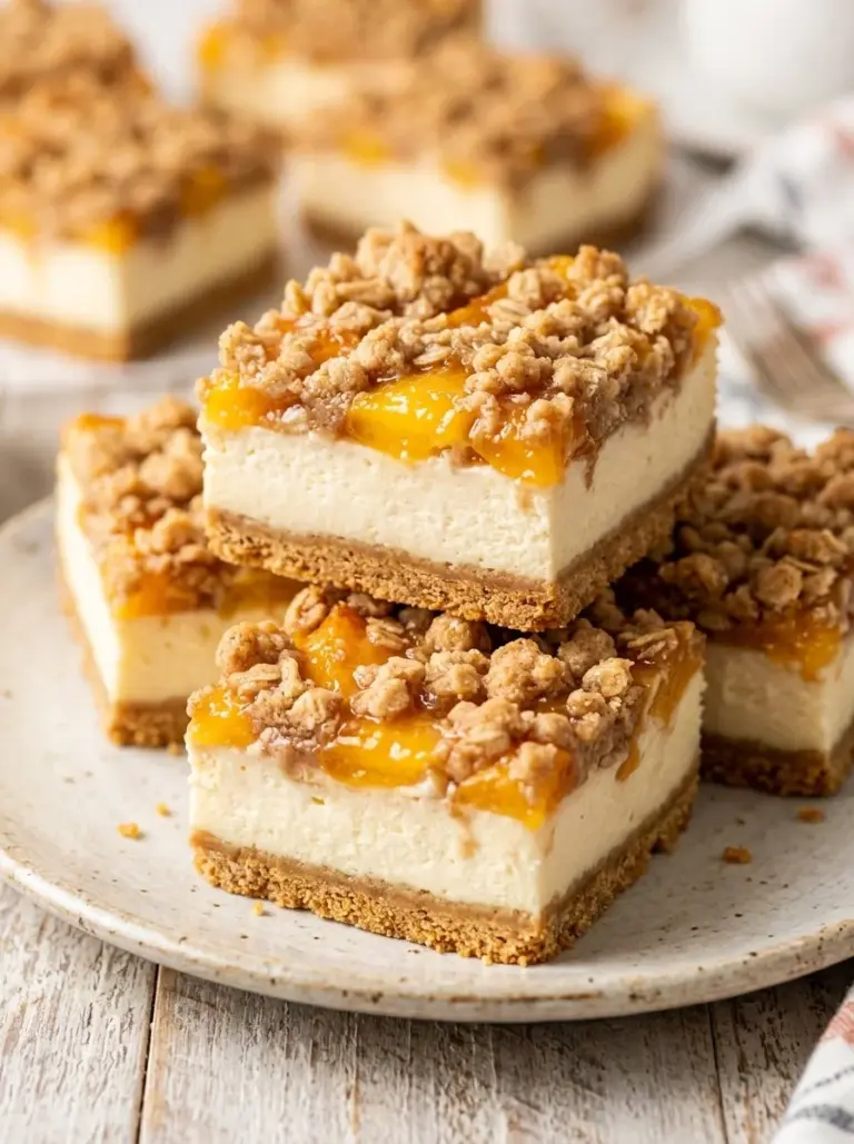 Delicious peach cobbler cheesecake bars topped with fresh peaches and crumbly topping.