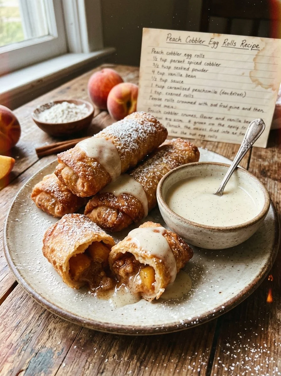 Peach cobbler egg rolls served with vanilla bean sauce on a plate.