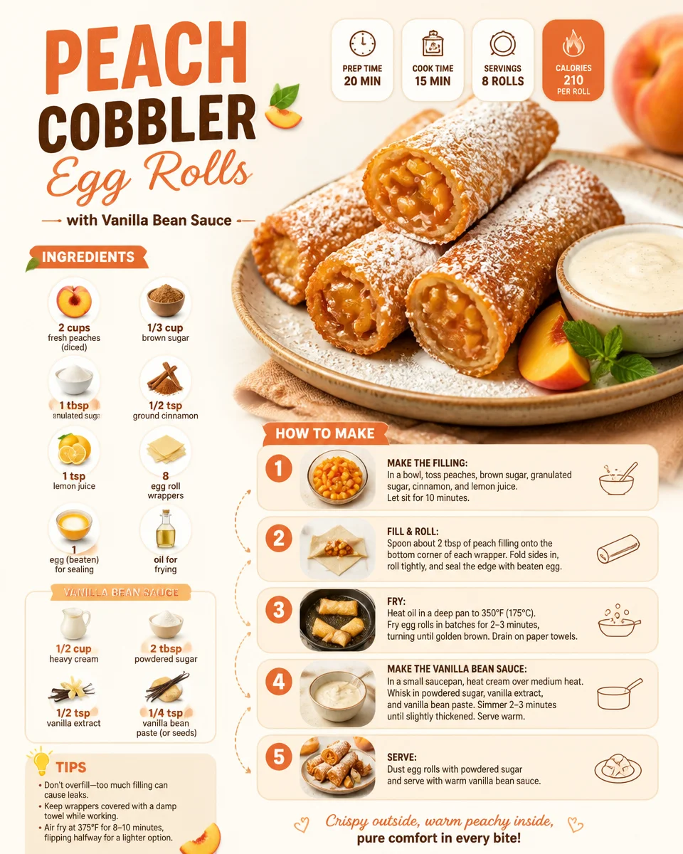 Peach Cobbler Egg Rolls Recipe with Vanilla Bean Sauce | Peach Pie Egg Roll Recipe, Homemade Egg Rolls with Peaches, Peach Dessert Egg Rolls