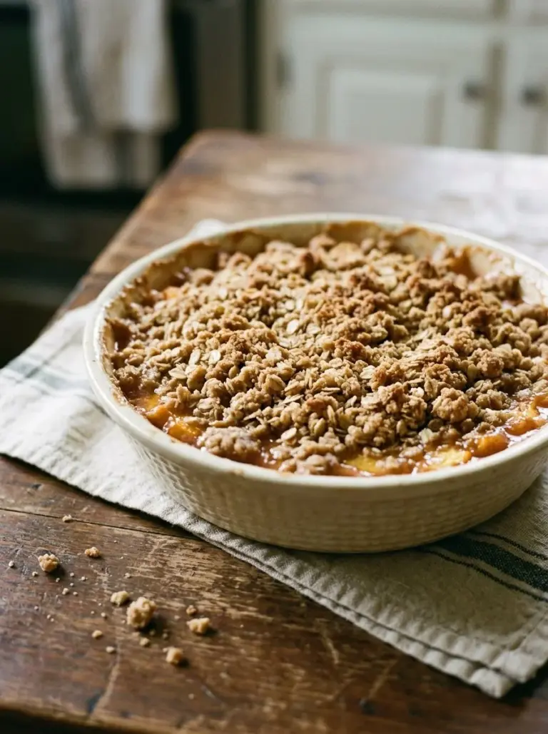 Delicious Peach Crisp dessert with fresh peaches and crumble topping