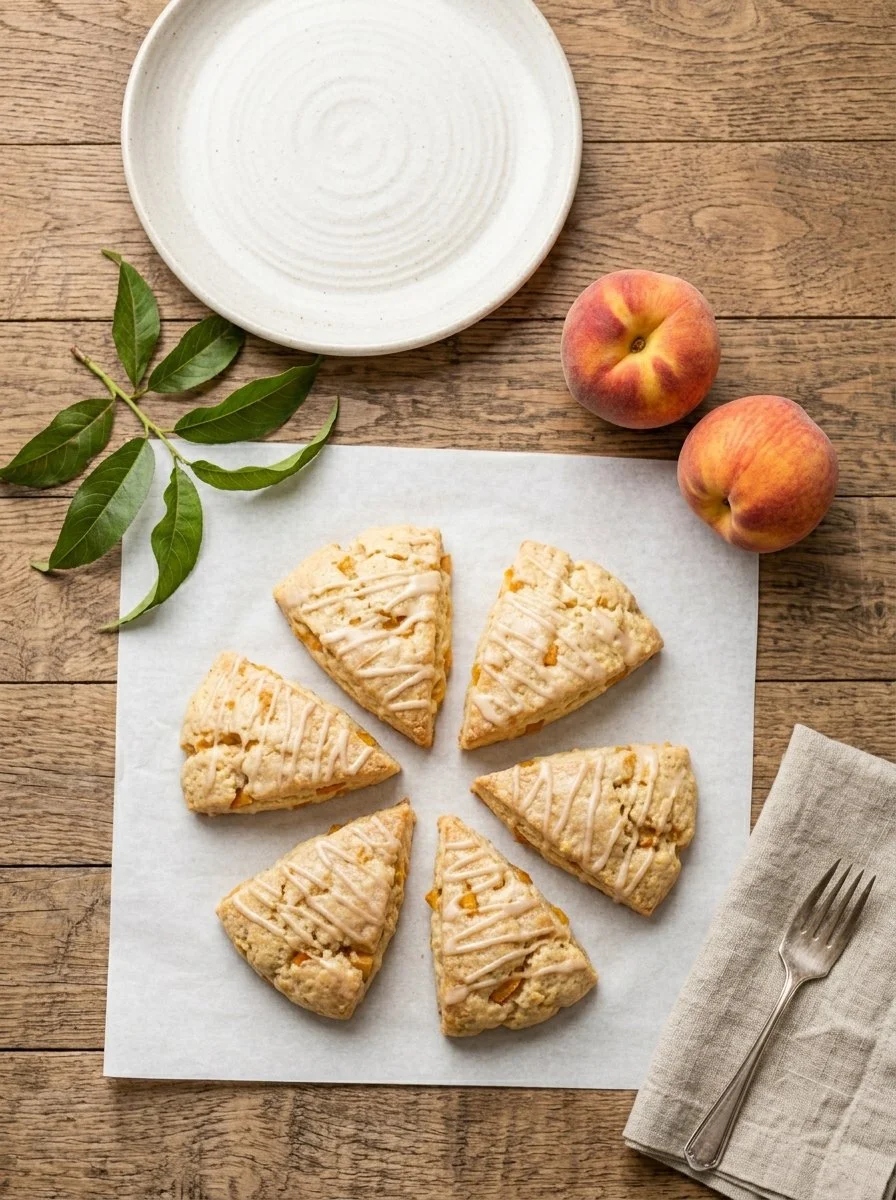 Delicious homemade peach scones baked with fresh peaches and golden crust