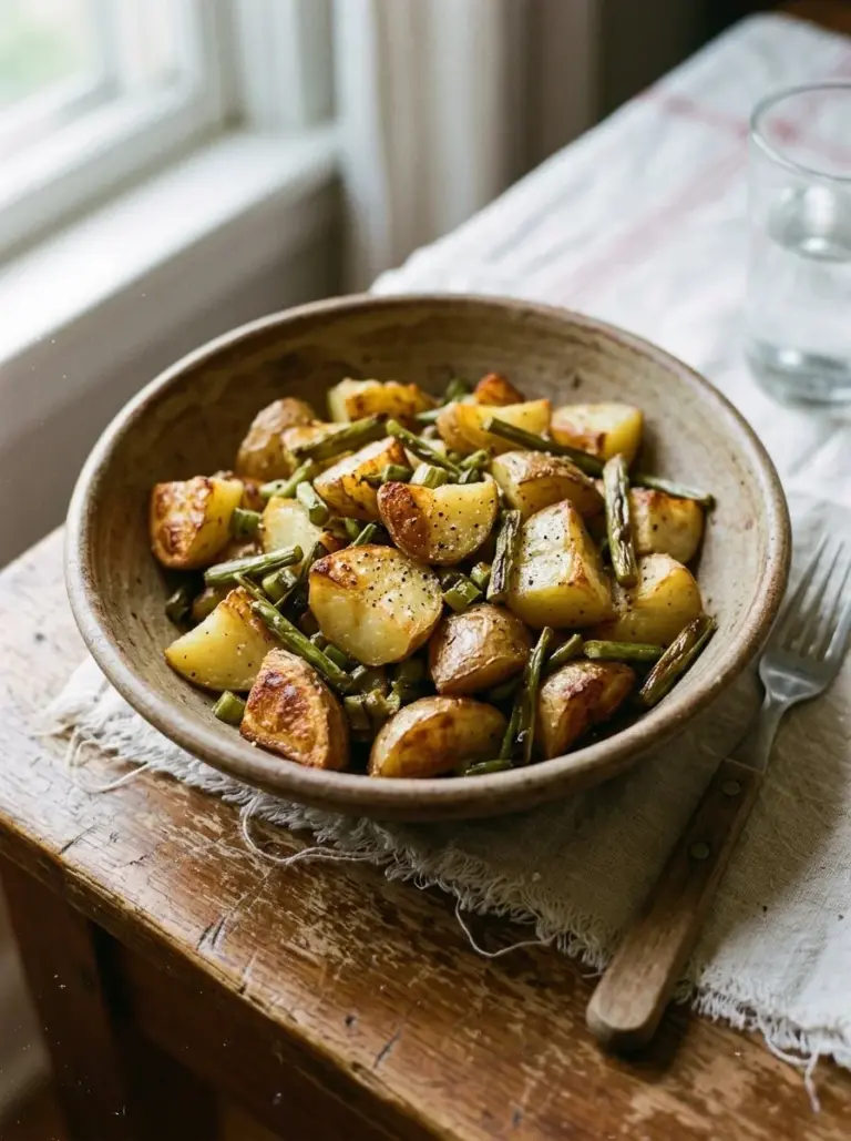 Plate of roasted potatoes with garlic scapes, seasoned and golden brown.