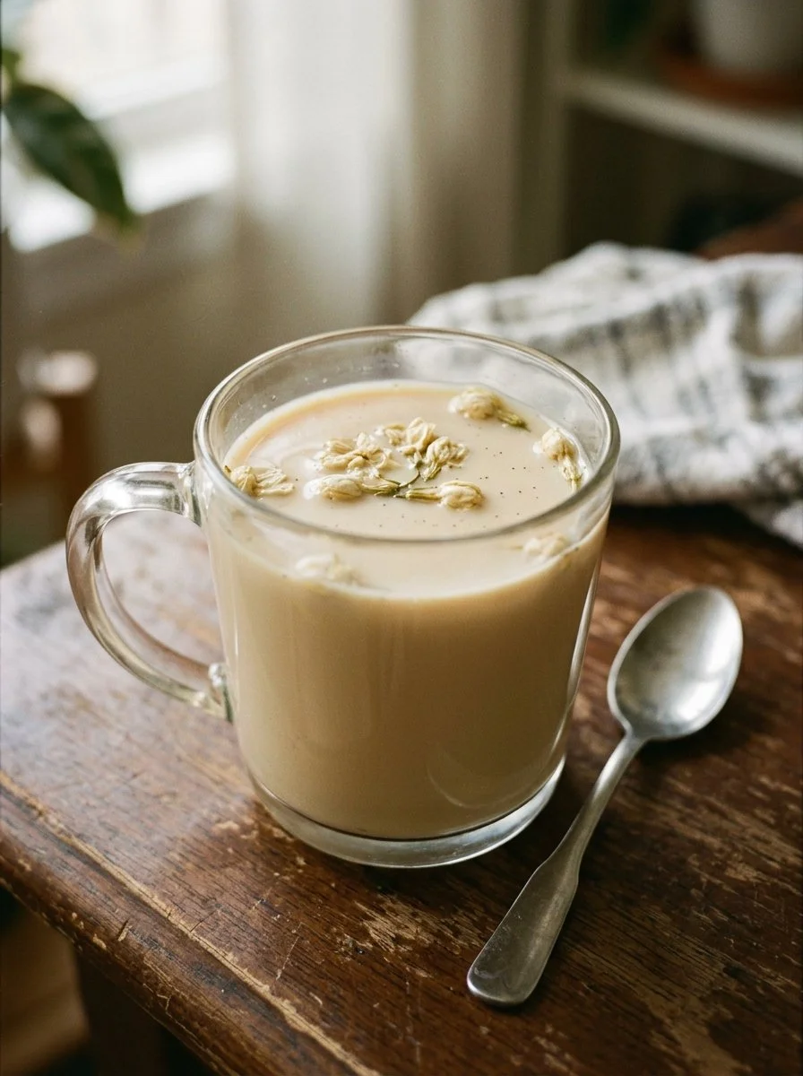 A refreshing cup of Vanilla Jasmine Milk Tea with floral notes and creamy texture.