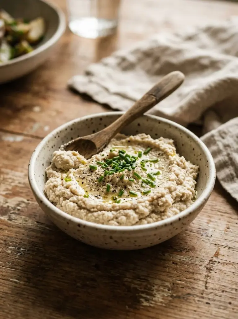 Homemade vegan cashew ricotta cheese in a bowl with fresh herbs.