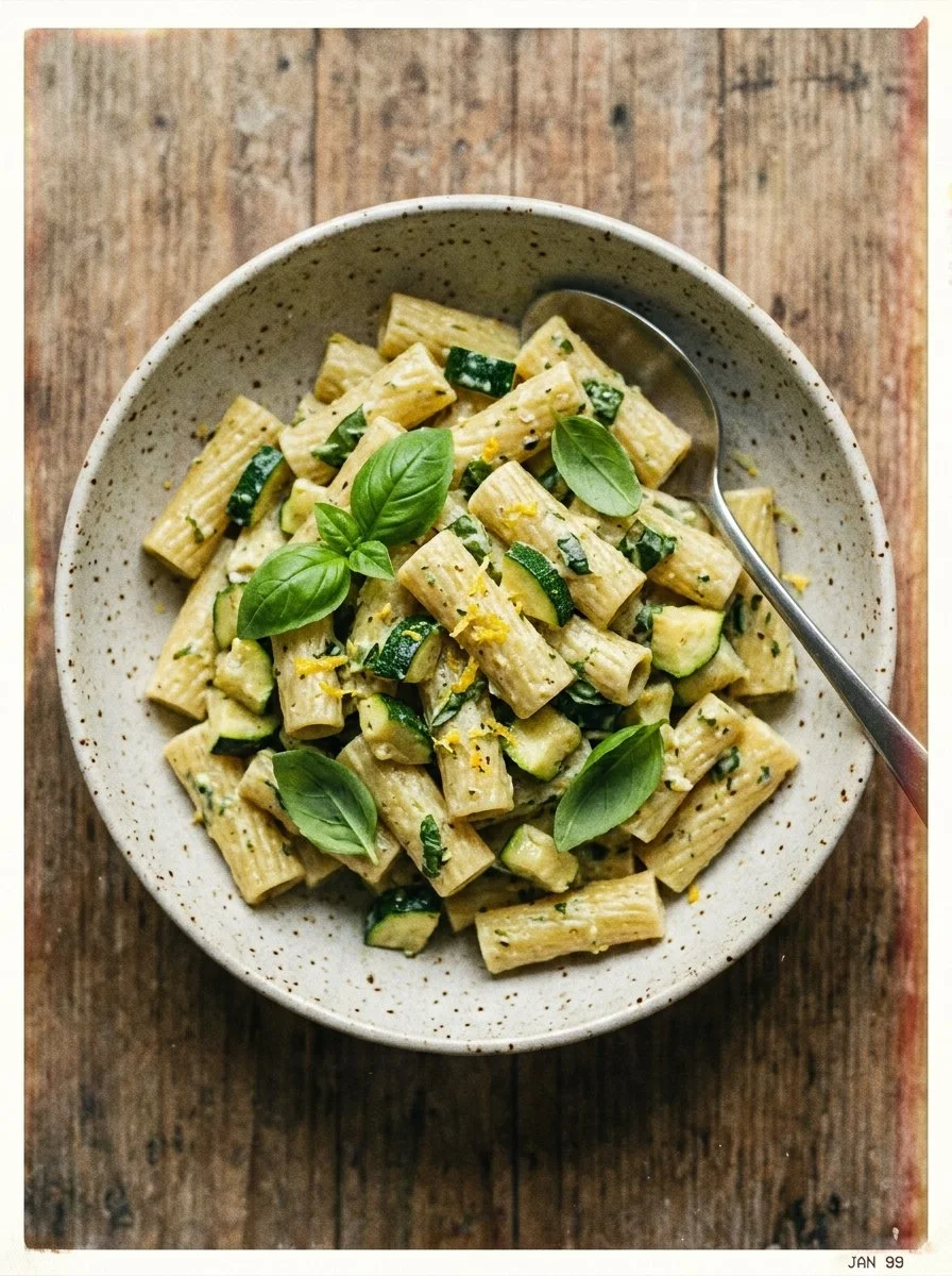 Vegan creamy zucchini basil pasta garnished with lemon slices
