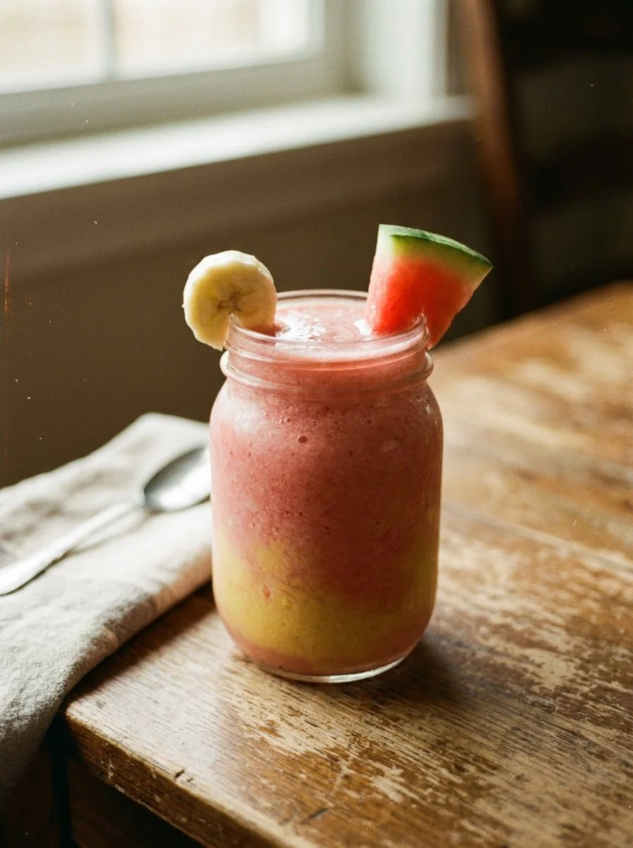 Delicious watermelon banana smoothie in a glass with fresh fruits on the side