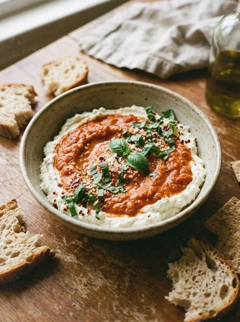 Delicious whipped ricotta dip served with bread and herbs