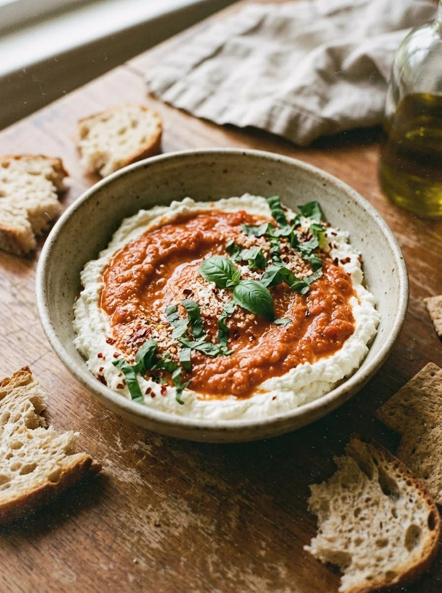 Delicious whipped ricotta dip served with bread and herbs