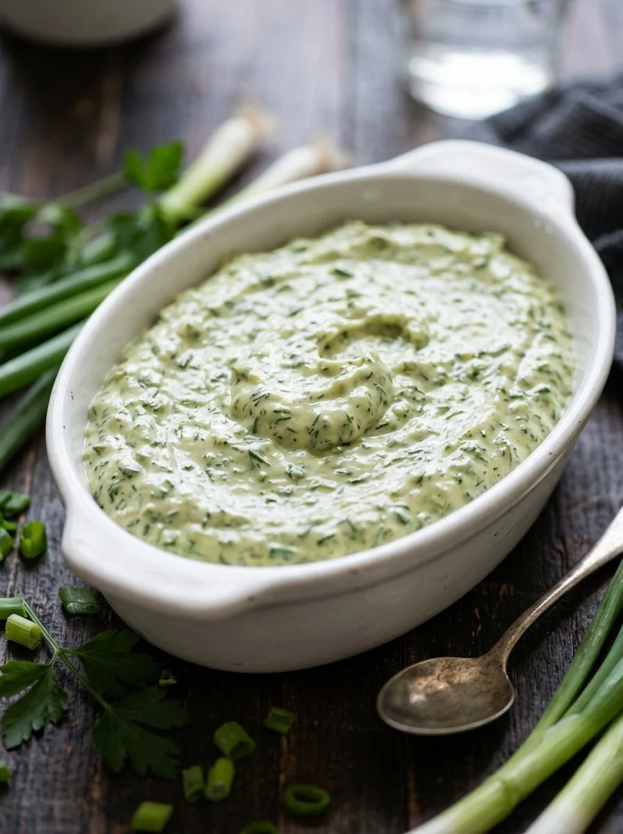 Zesty cream cheese spread with herbs and spices on a serving platter
