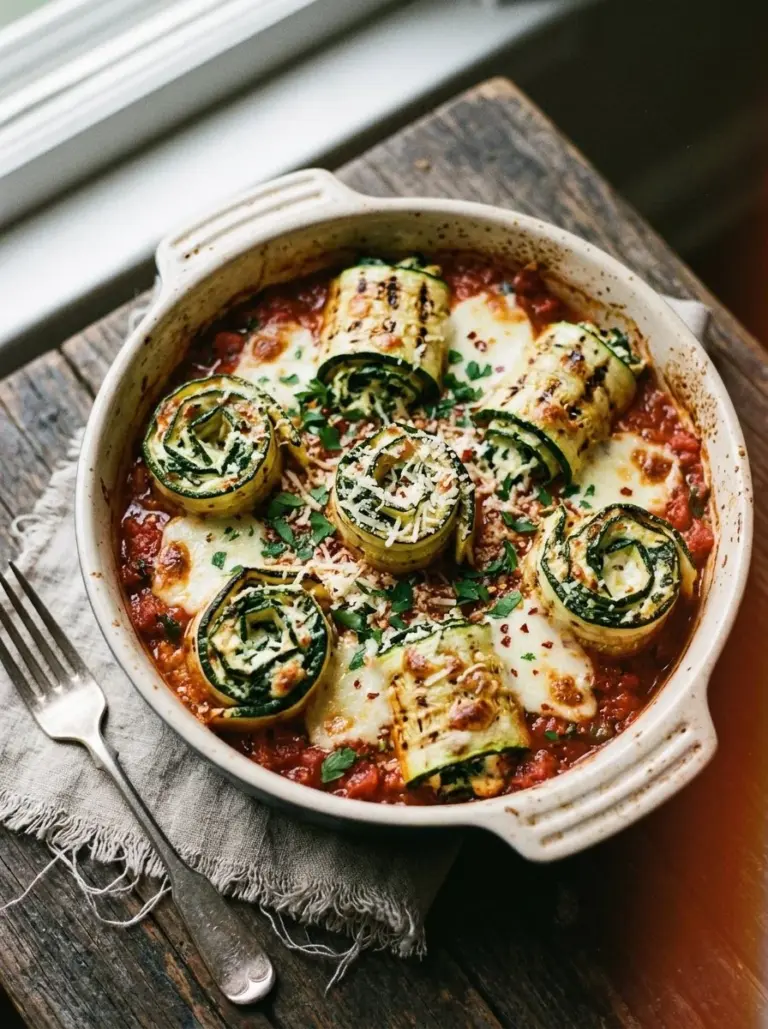Delicious Zucchini Rollatini filled with ricotta and covered in marinara sauce