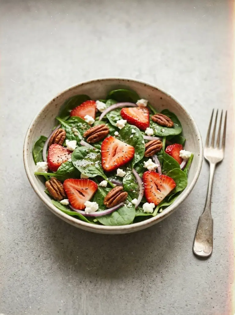 Fresh strawberry spinach salad served in a bowl with vibrant colors