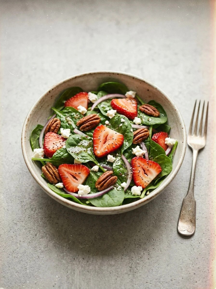 Fresh strawberry spinach salad served in a bowl with vibrant colors