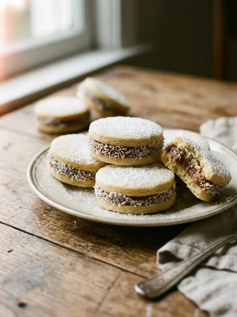 Delicious alfajores filled with dulce de leche and coated in chocolate.
