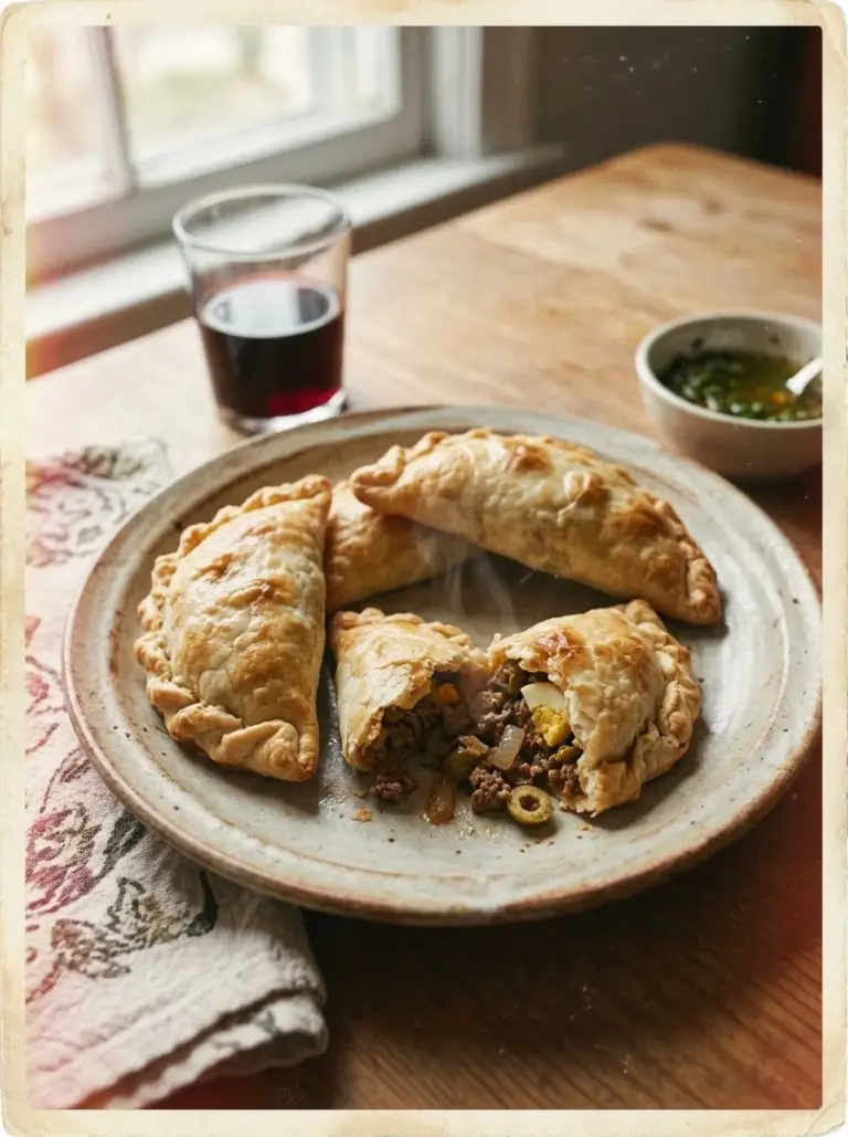 Delicious Argentinian meat empanadas on a wooden board.