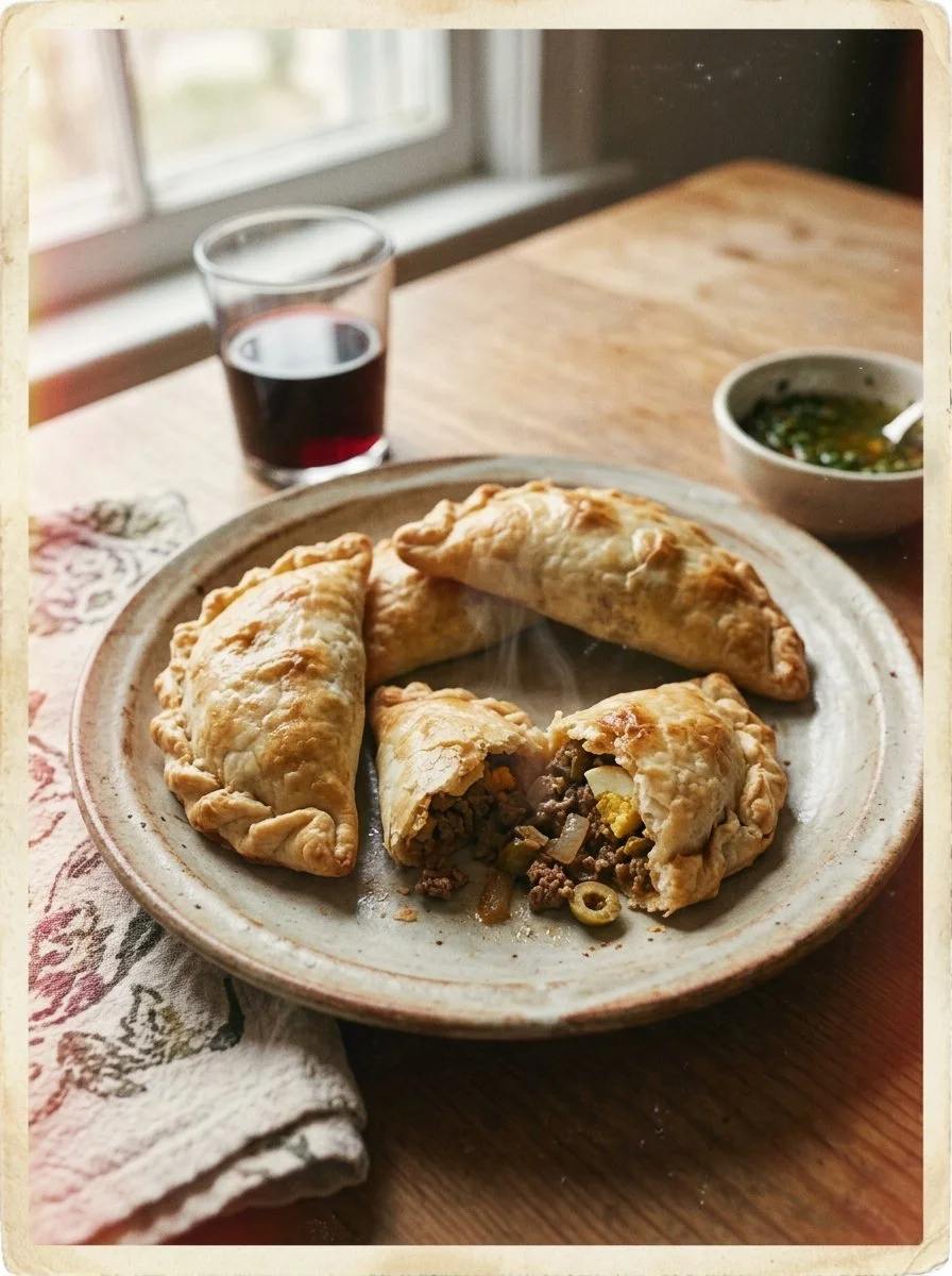 Delicious Argentinian meat empanadas on a wooden board.