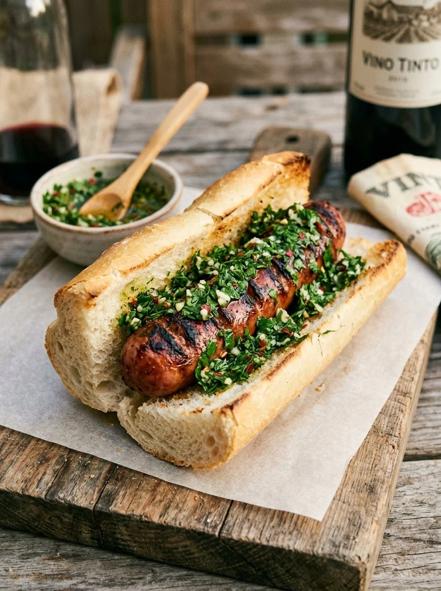 Authentic Argentinian Choripán with chimichurri on a plate