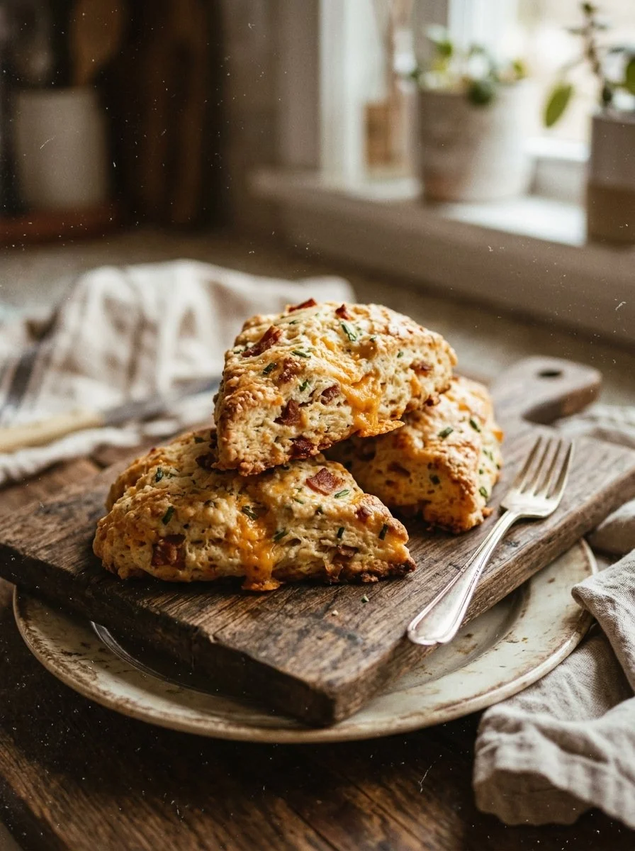 Bacon Cheddar and Chive Scones on a rustic wooden table