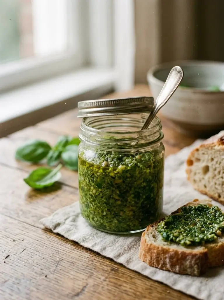 Fresh basil pesto with pasta and garnishes on a rustic wooden table