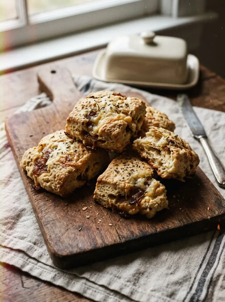 Caramelized onion and Gruyere scones on a wooden board