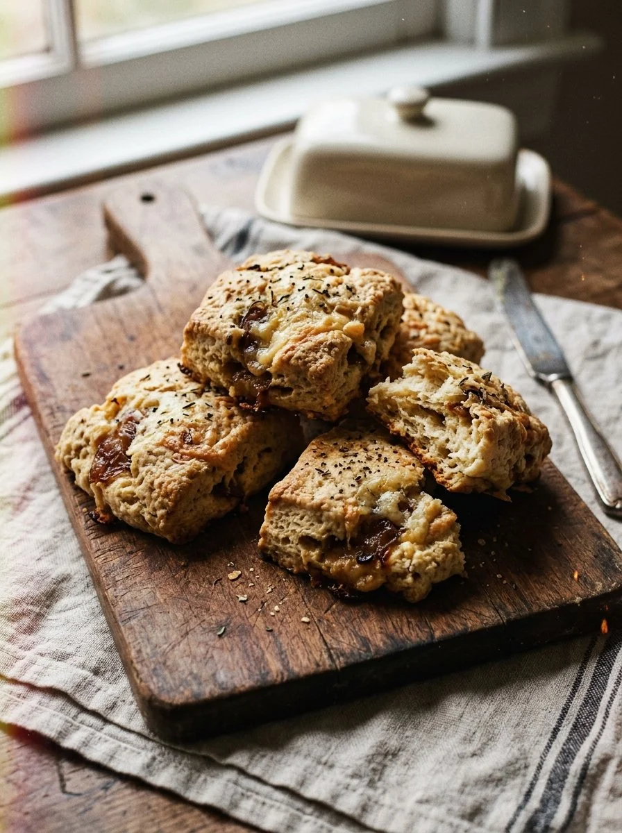 Caramelized onion and Gruyere scones on a wooden board
