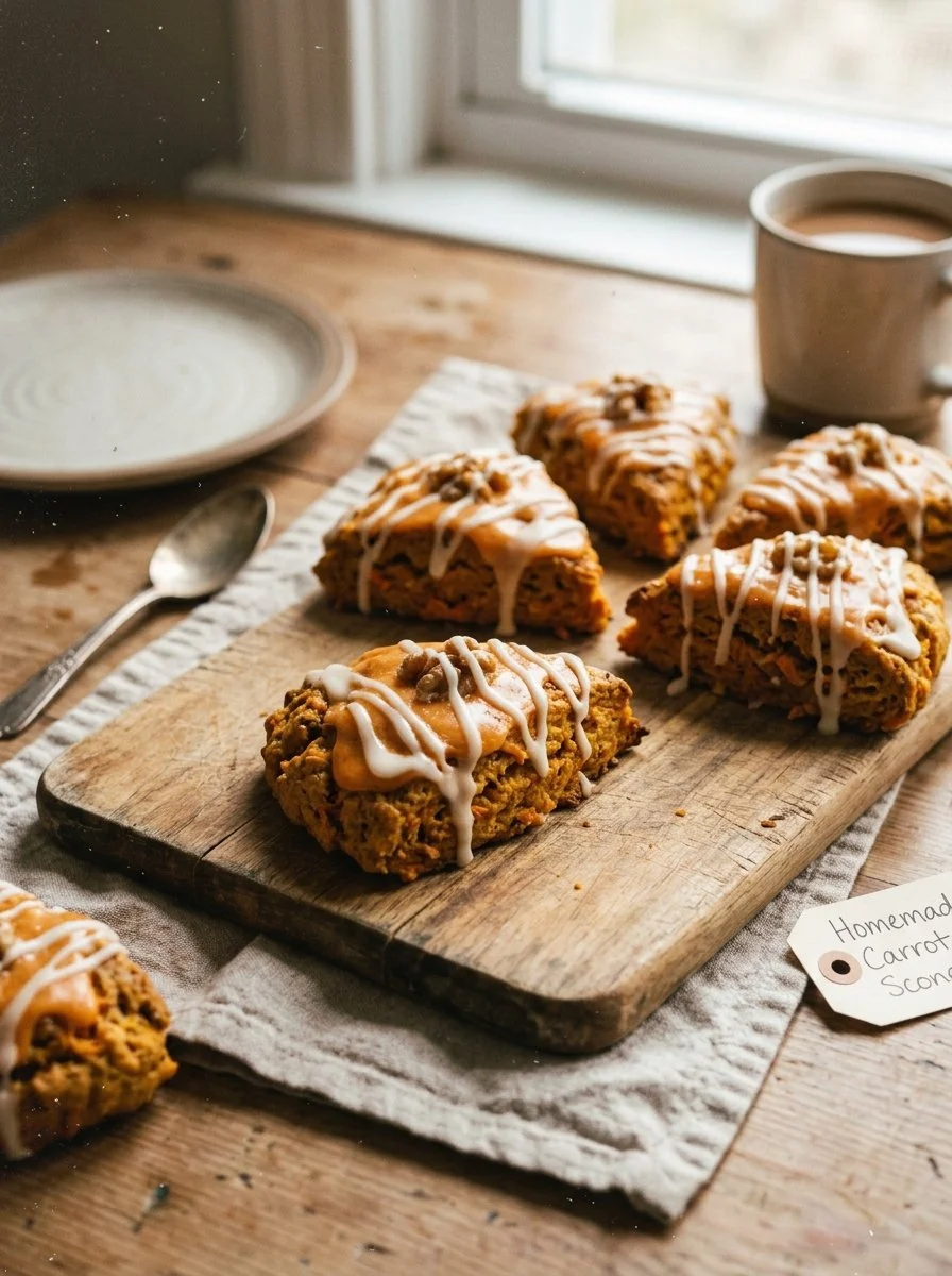 Freshly baked carrot cake scones with cream cheese frosting on a wooden board