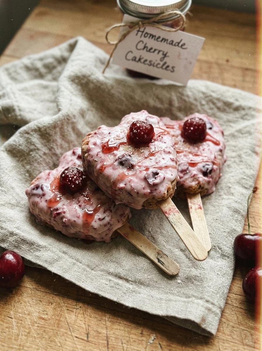 Delicious Cherry Cakesicles on a plate, perfect dessert treat.