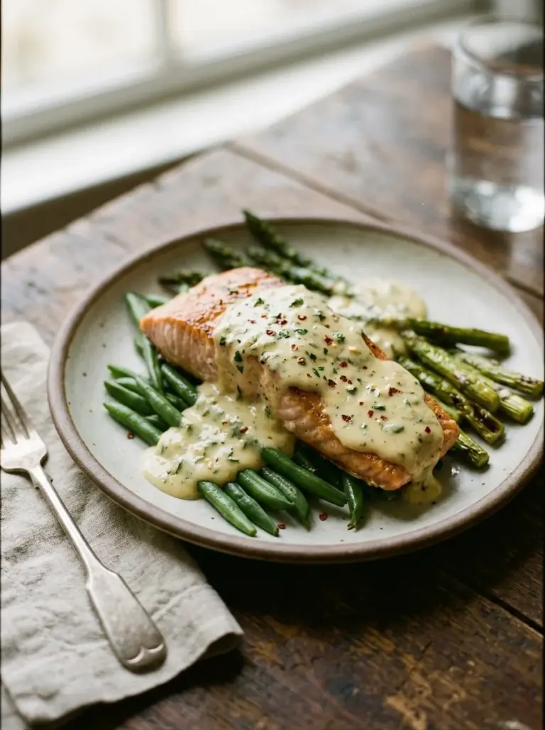 Delicious creamy lemon garlic salmon garnished with herbs and lemon slices.