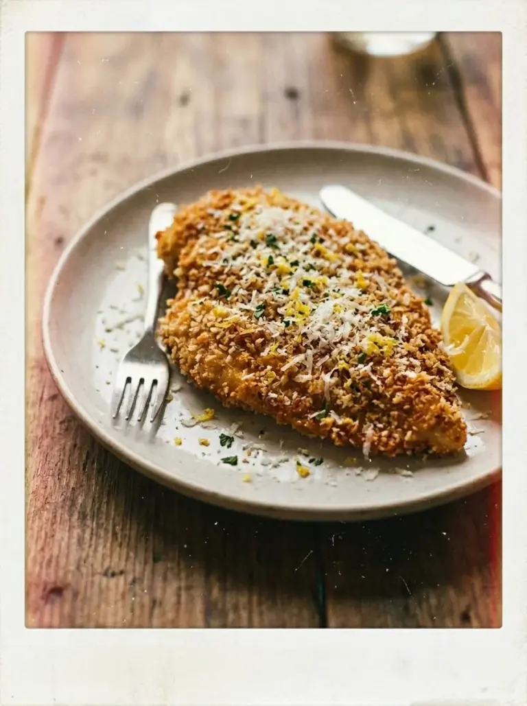 Plate of crispy zesty lemon pecorino chicken garnished with fresh herbs