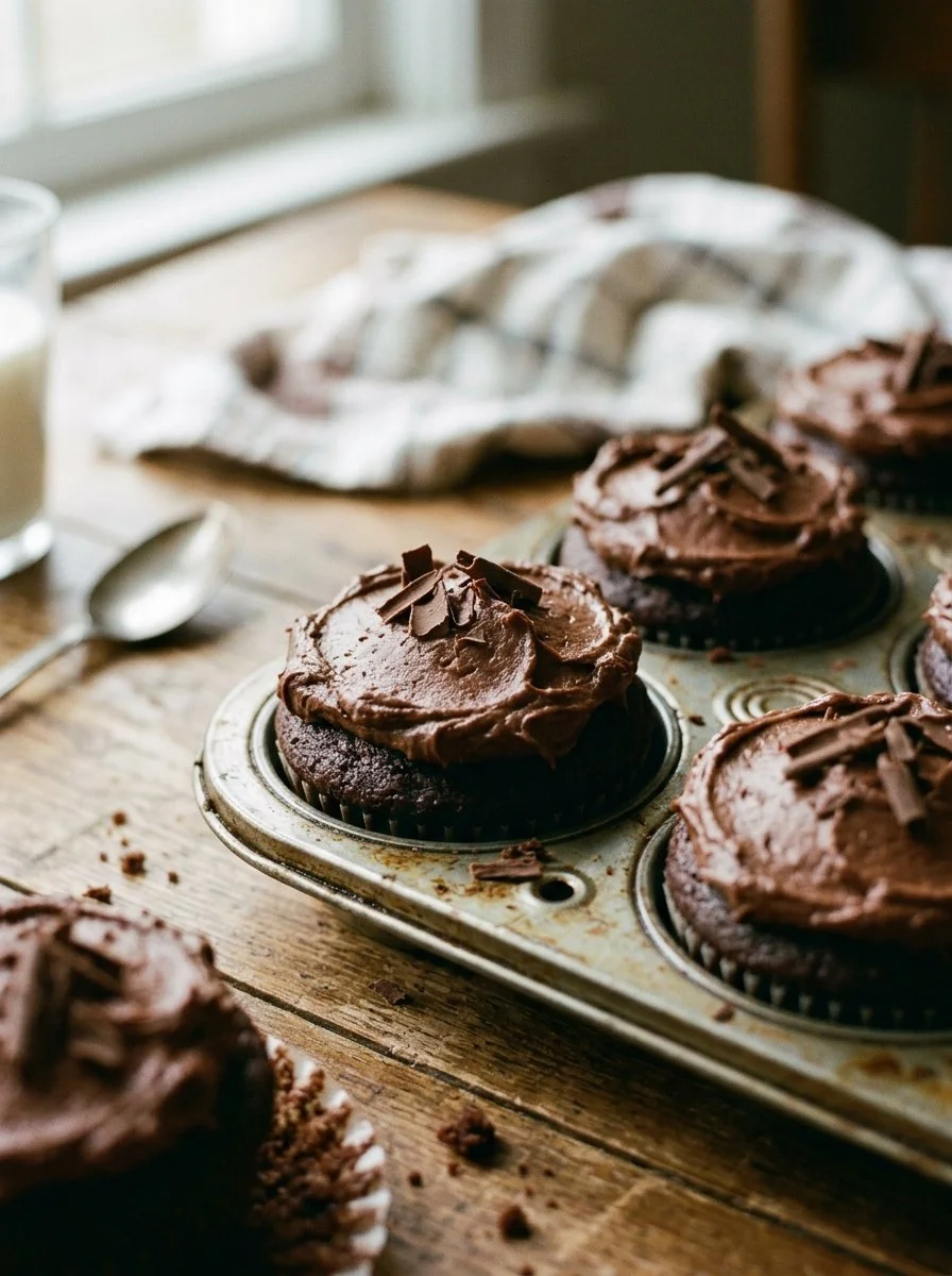 Decadent homemade moist chocolate cupcakes topped with creamy frosting