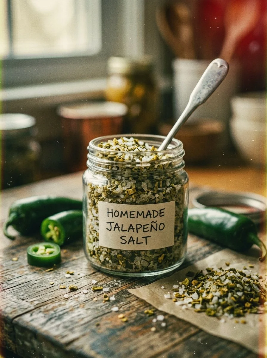 A jar of homemade DIY jalapeno salt on a wooden table.