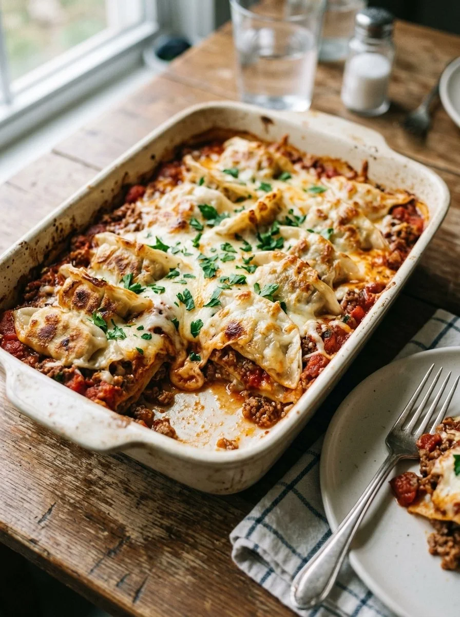 Delicious homemade Dumpling Lasagna served with fresh herbs