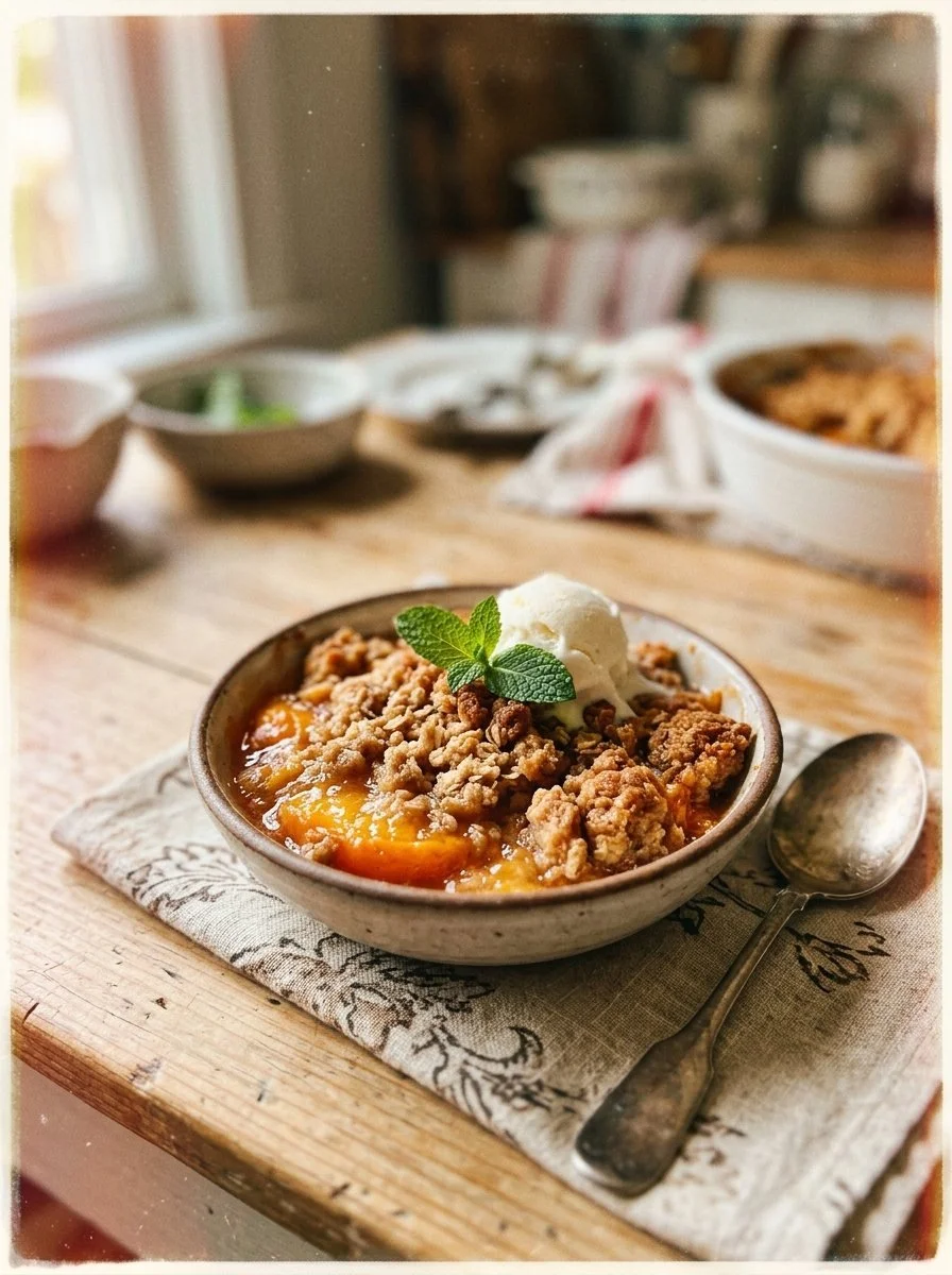 Delicious easy peach dessert served in a bowl with whipped cream.