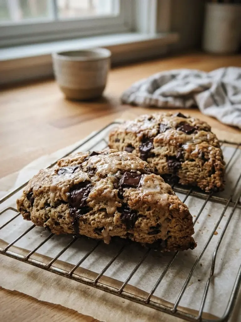 Freshly baked Espresso Chocolate Chunk Scones on a rustic table.