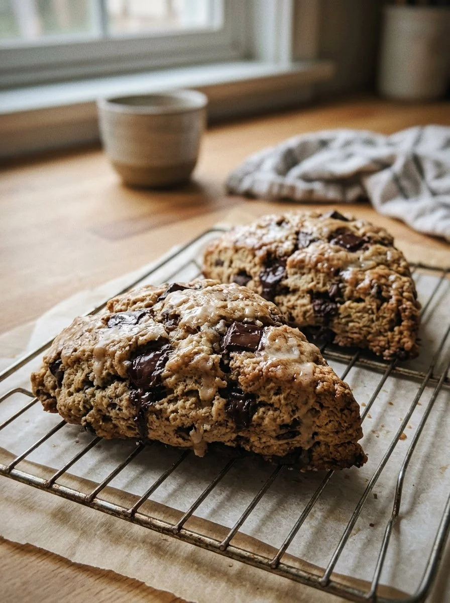 Freshly baked Espresso Chocolate Chunk Scones on a rustic table.