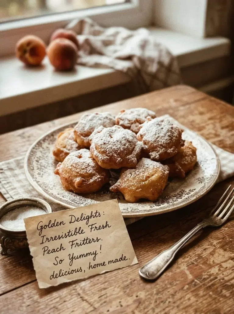 Delicious golden peach fritters drizzled with glaze