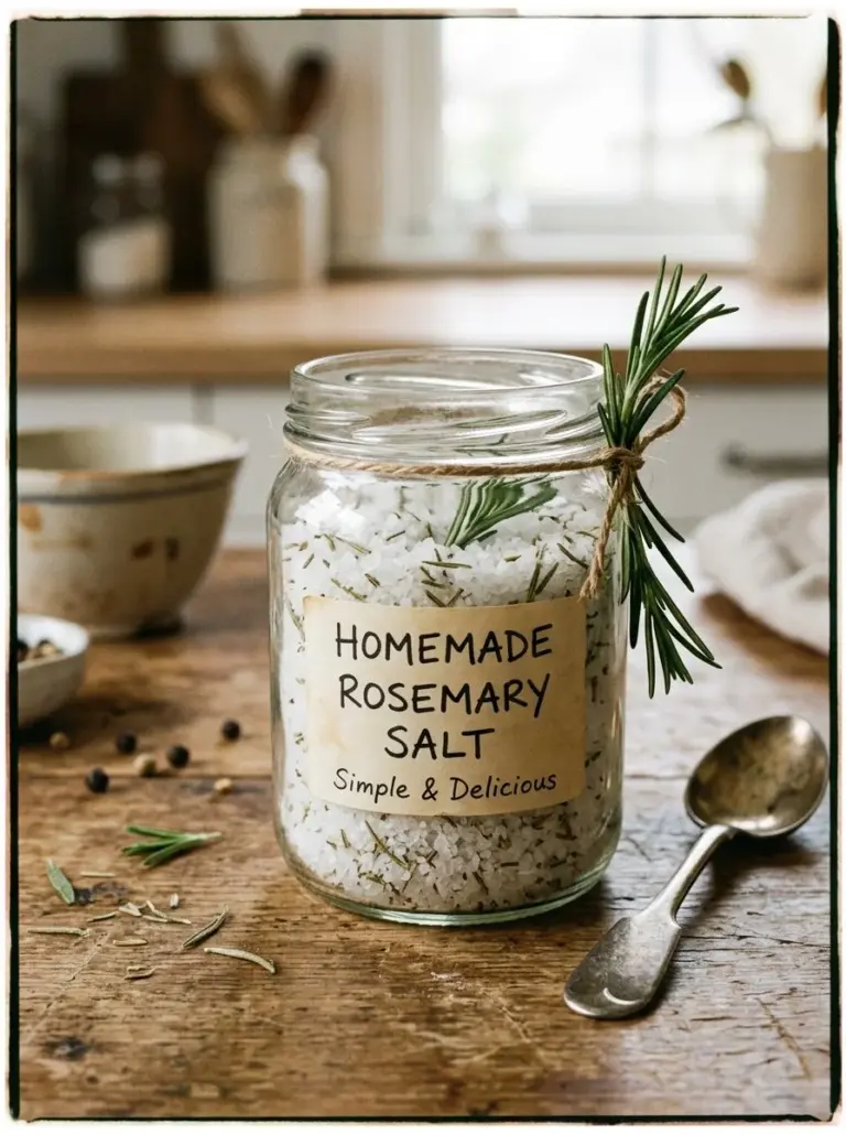 Homemade rosemary salt sprinkled on a wooden cutting board.