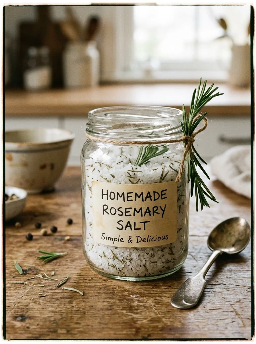 Homemade rosemary salt sprinkled on a wooden cutting board.