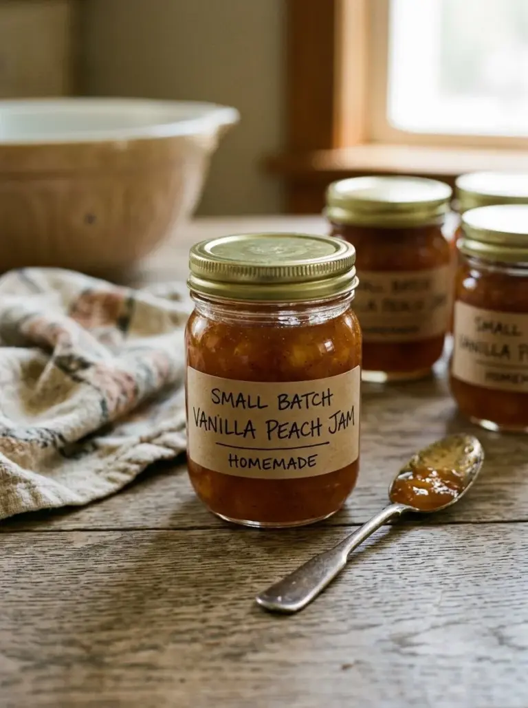 Homemade small batch vanilla peach jam in a glass jar with fresh peaches