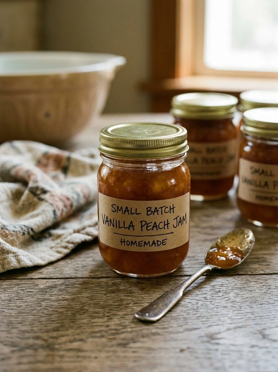 Homemade small batch vanilla peach jam in a glass jar with fresh peaches