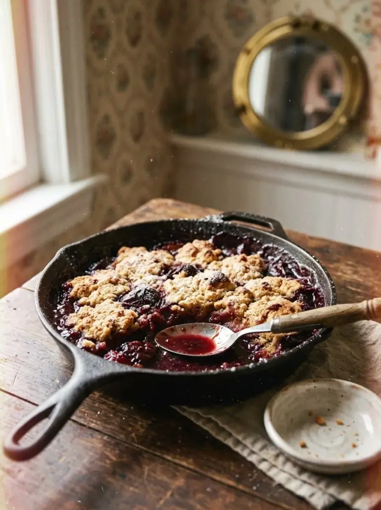 Delicious easy skillet plum cobbler served warm with juicy plums and a golden topping