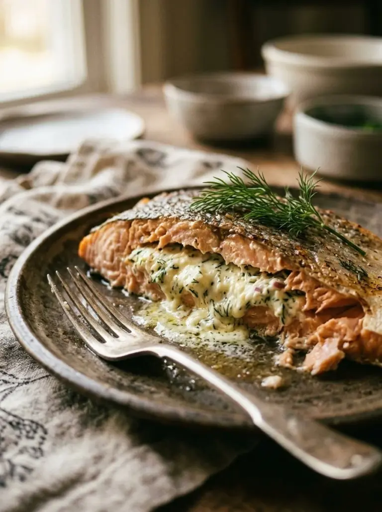 Delicious plate of stuffed salmon with cream cheese filling garnished with herbs.