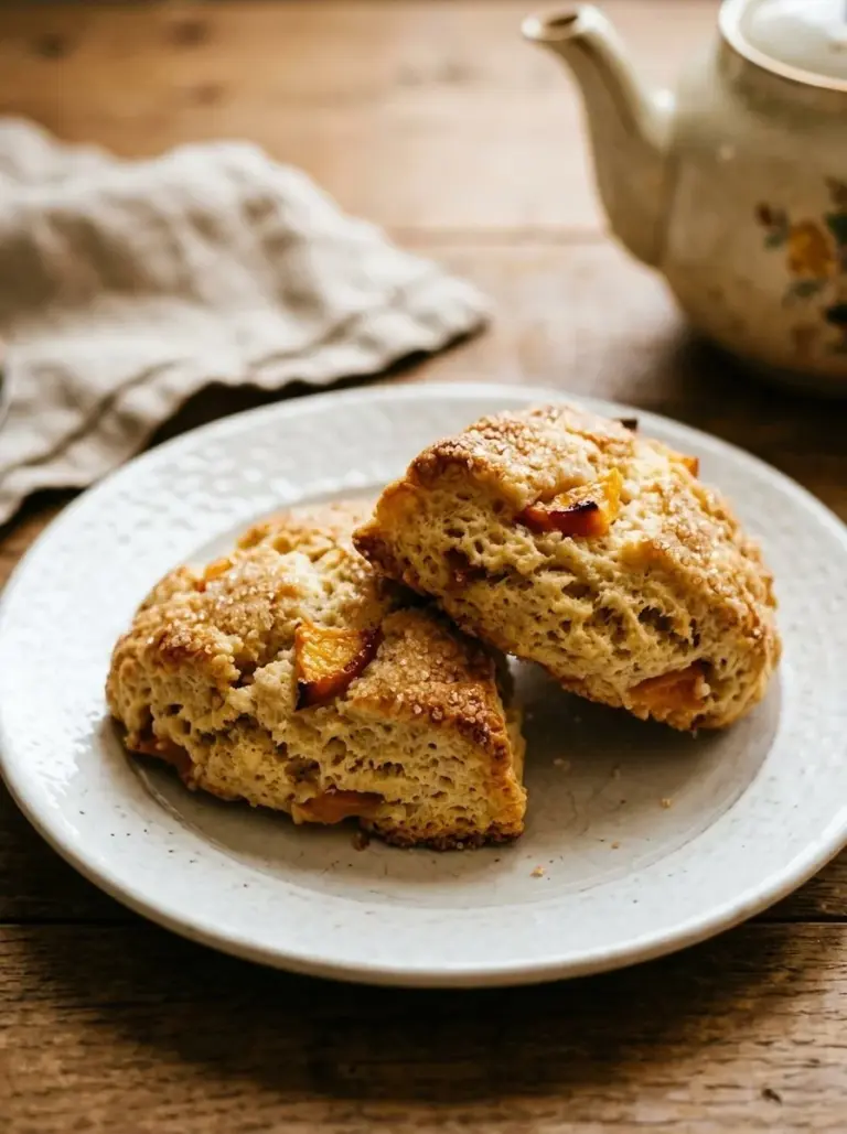Soft peach scones fresh out of the oven, perfect for tea time.