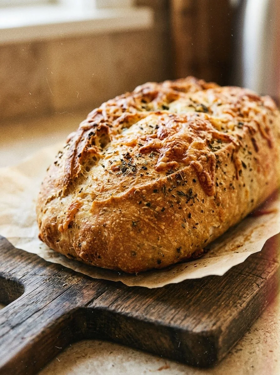 Freshly baked Italian herb and cheese bread on a wooden table